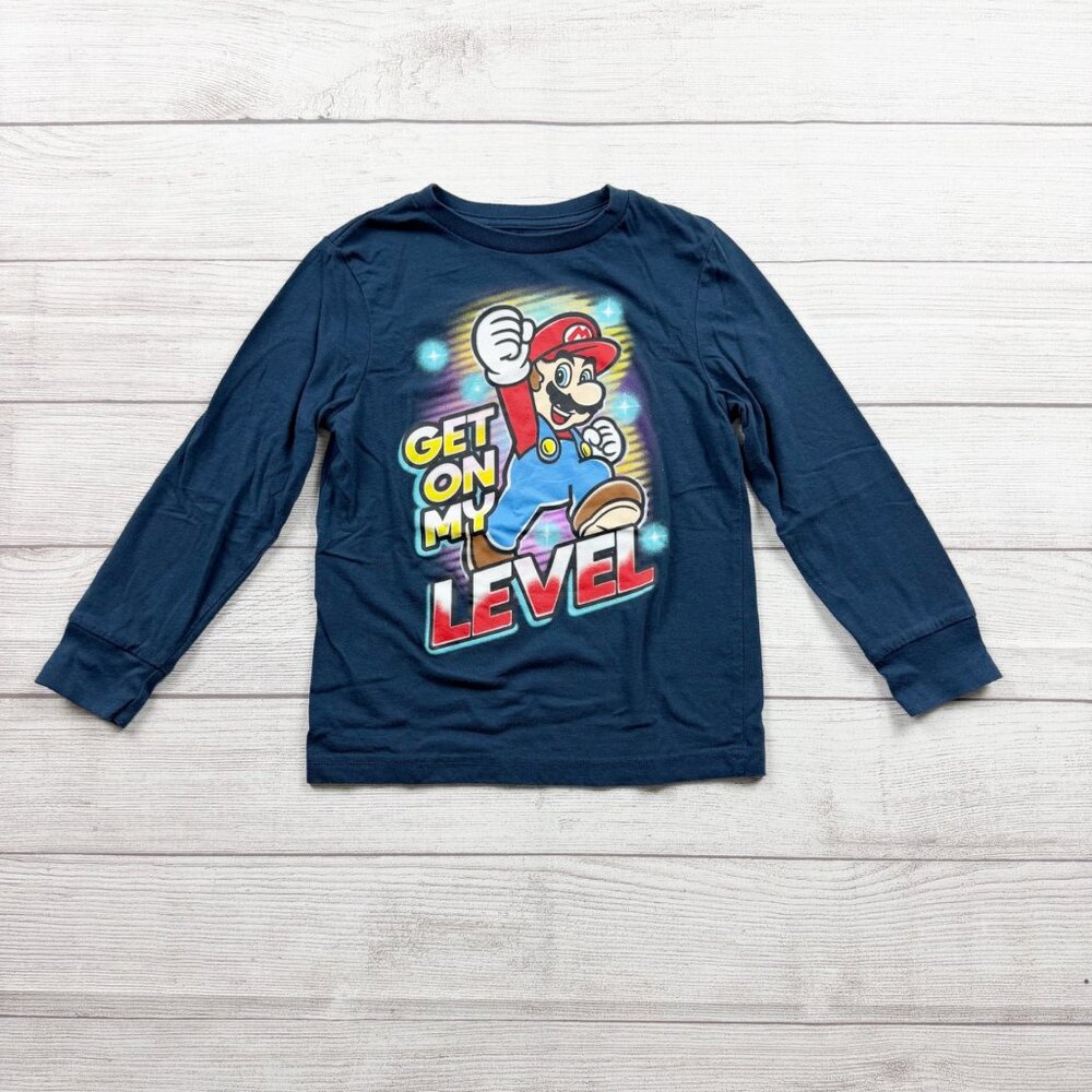 Super Mario Boys Long Sleeve Blue Graphic Tee XS 4-5